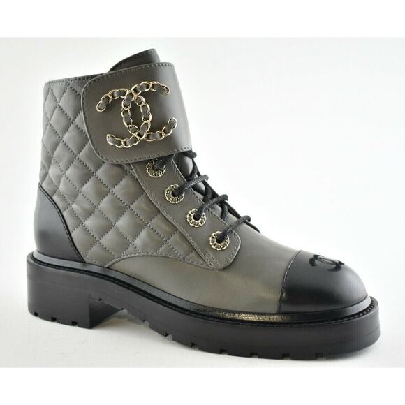 Chanel 21A Grey Black Quilted CC Chain Combat Lace Up Tie Ankle Short Boots 35.5 - Picture 2 of 11